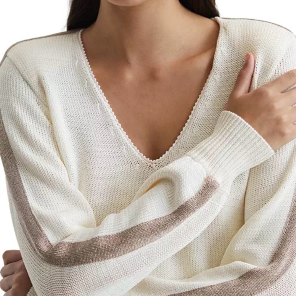 Reiss V-Neck Sweater in Cream and Brown
